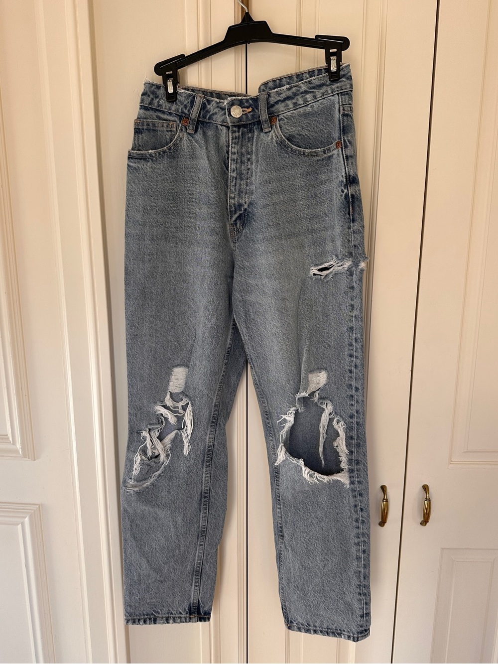 Distressed High-Rise Light Wash Mom Jeans- ZARA